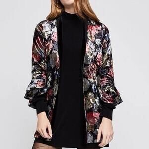 BCBG Generation Velvet Jacket Womens M Moody Floral Ruffle Sleeves Pockets